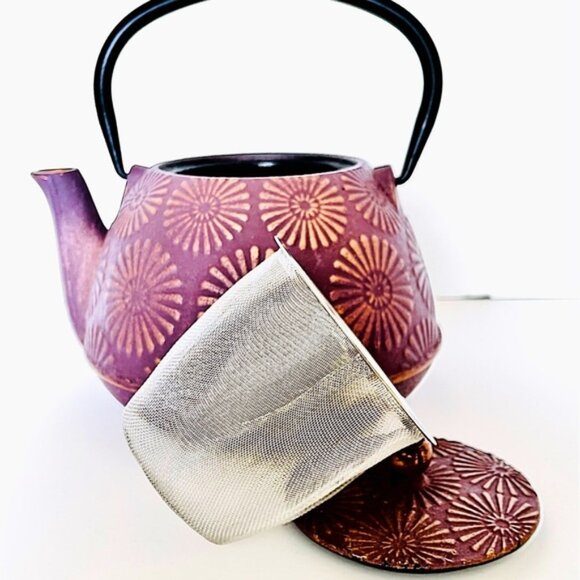 Pier 1 Other - Pier 1 Cast Iron W/Infuser Ceramic-Lined Tea Pot-Lidded-Plum Gold Flowers-ECU!